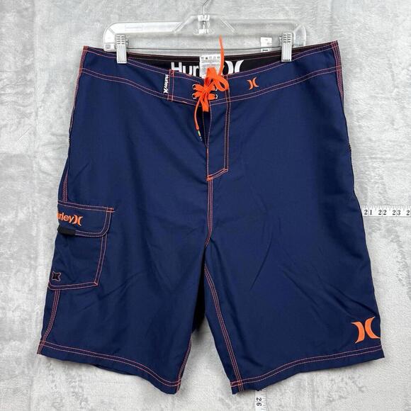 Hurley Navy Board Shorts Men Sz 34 Orange Stitch Surf Swim Trunks Pocket Beach - Picture 1 of 10